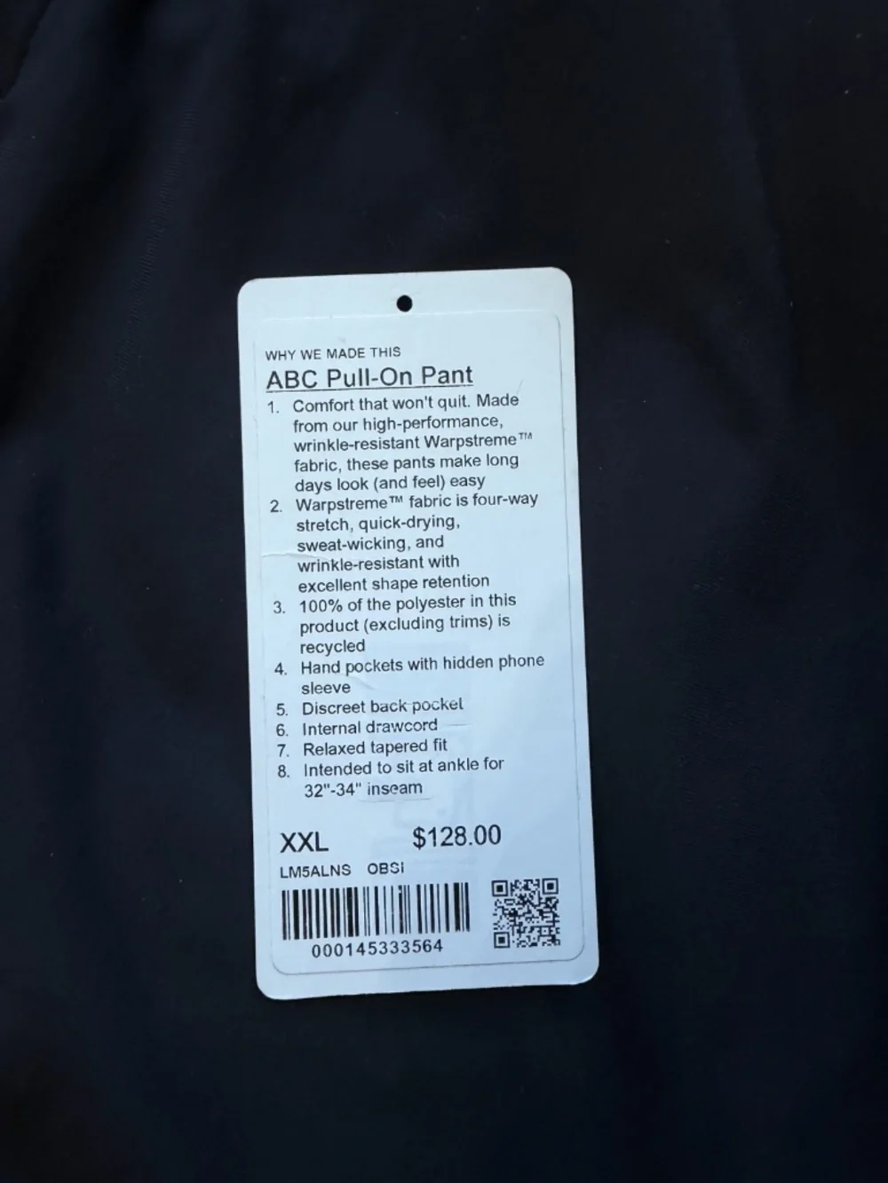 Lululemon ABC Pull-On Pant 32L- Mens Size XXL- Obsidian Black Tapered EUC